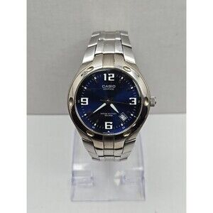 Casio Edifice EF106D Blue Dial Watch WR100M Date New Battery 37mm Silver Tone